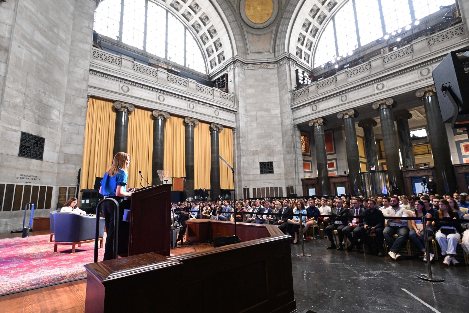 An audience of Columbia University students, scholars, and faculty listen to President Roberta Metsola of the European Parliament speak during the World Leaders Forum