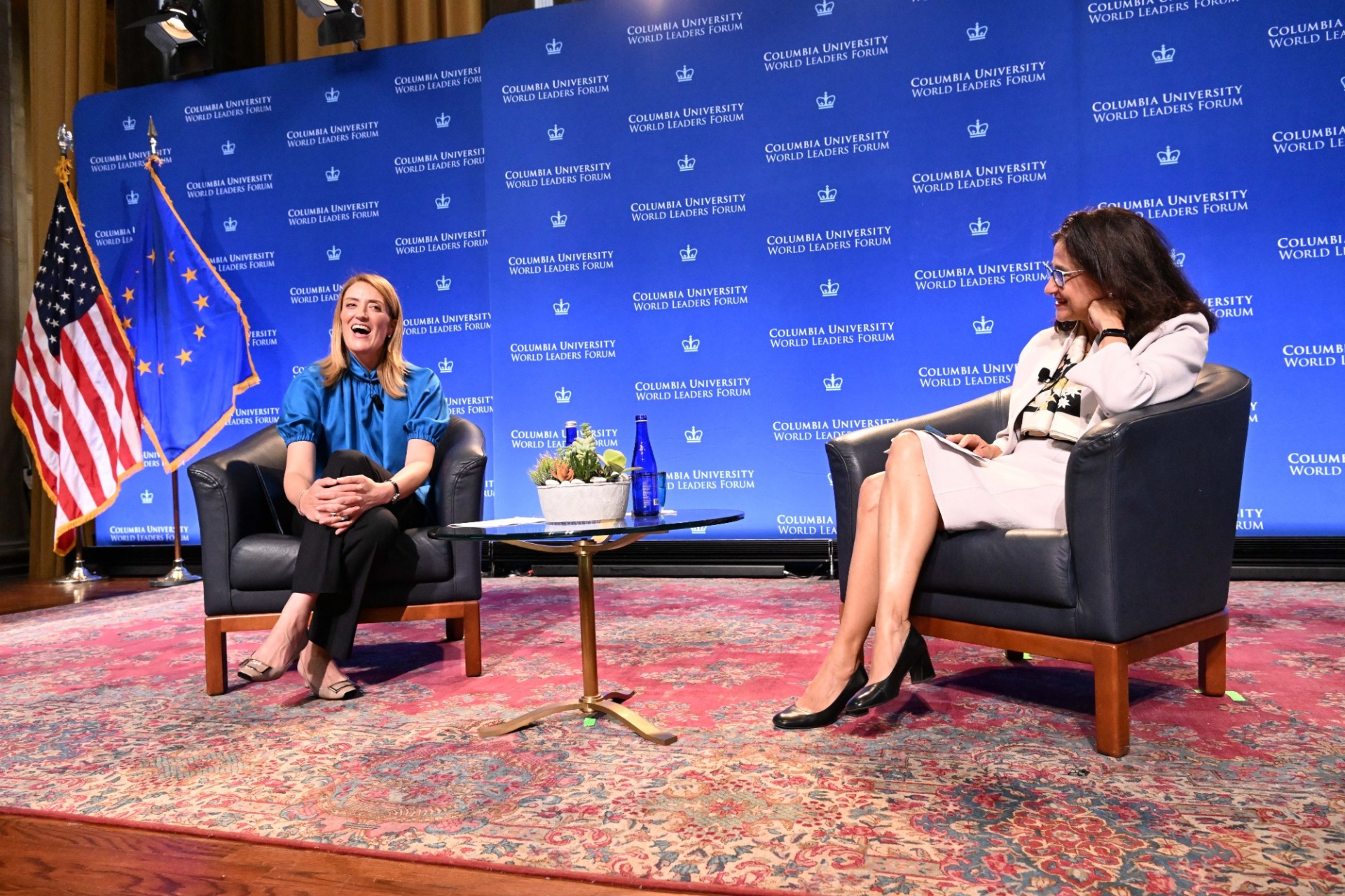 President Roberta Metsola of the European Parliament (left) and Columbia University President Minouche Shafik (right) speaking during the World Leaders Forum