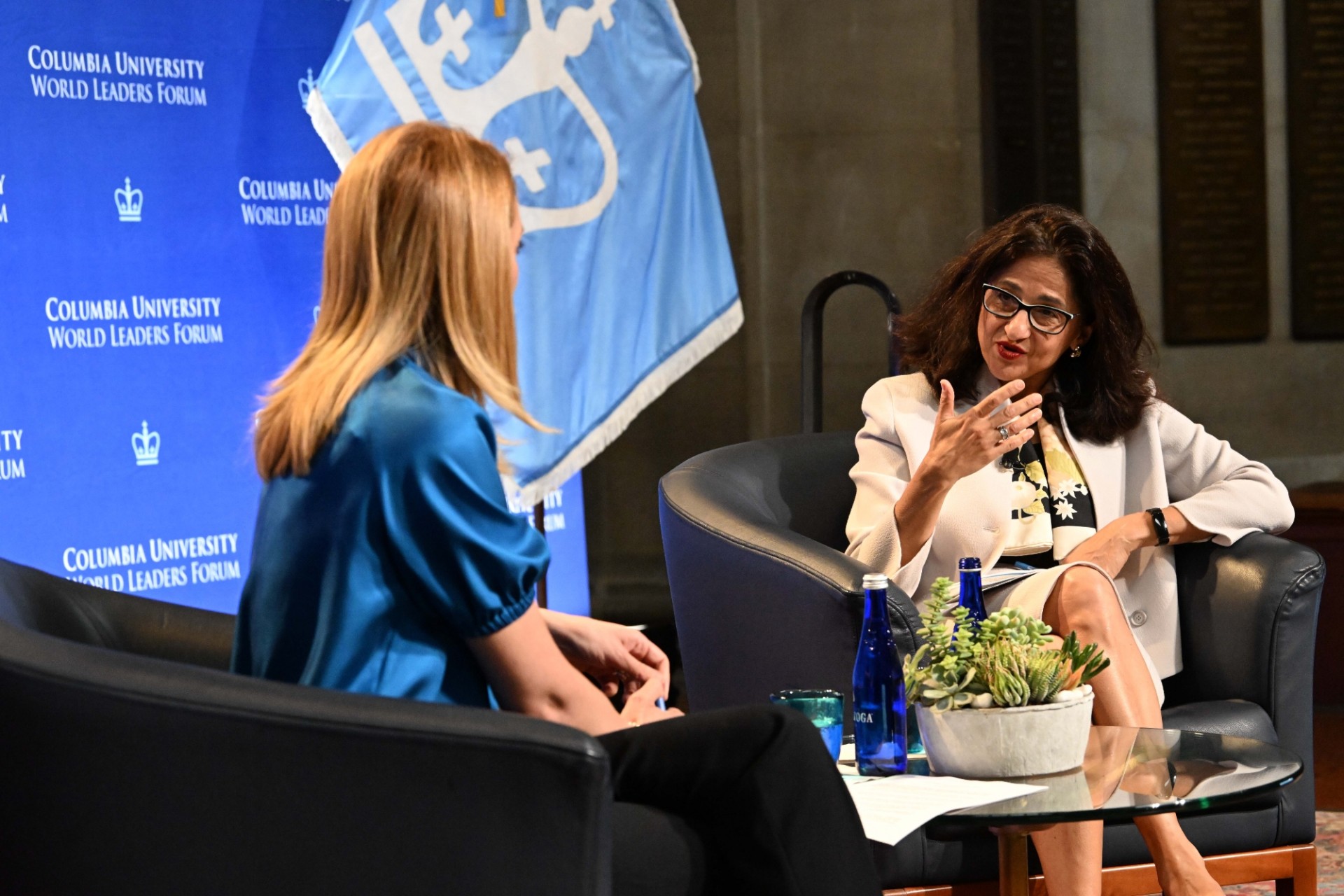 President Roberta Metsola of the European Parliament (left) and Columbia University President Minouche Shafik (right) speaking during the World Leaders Forum