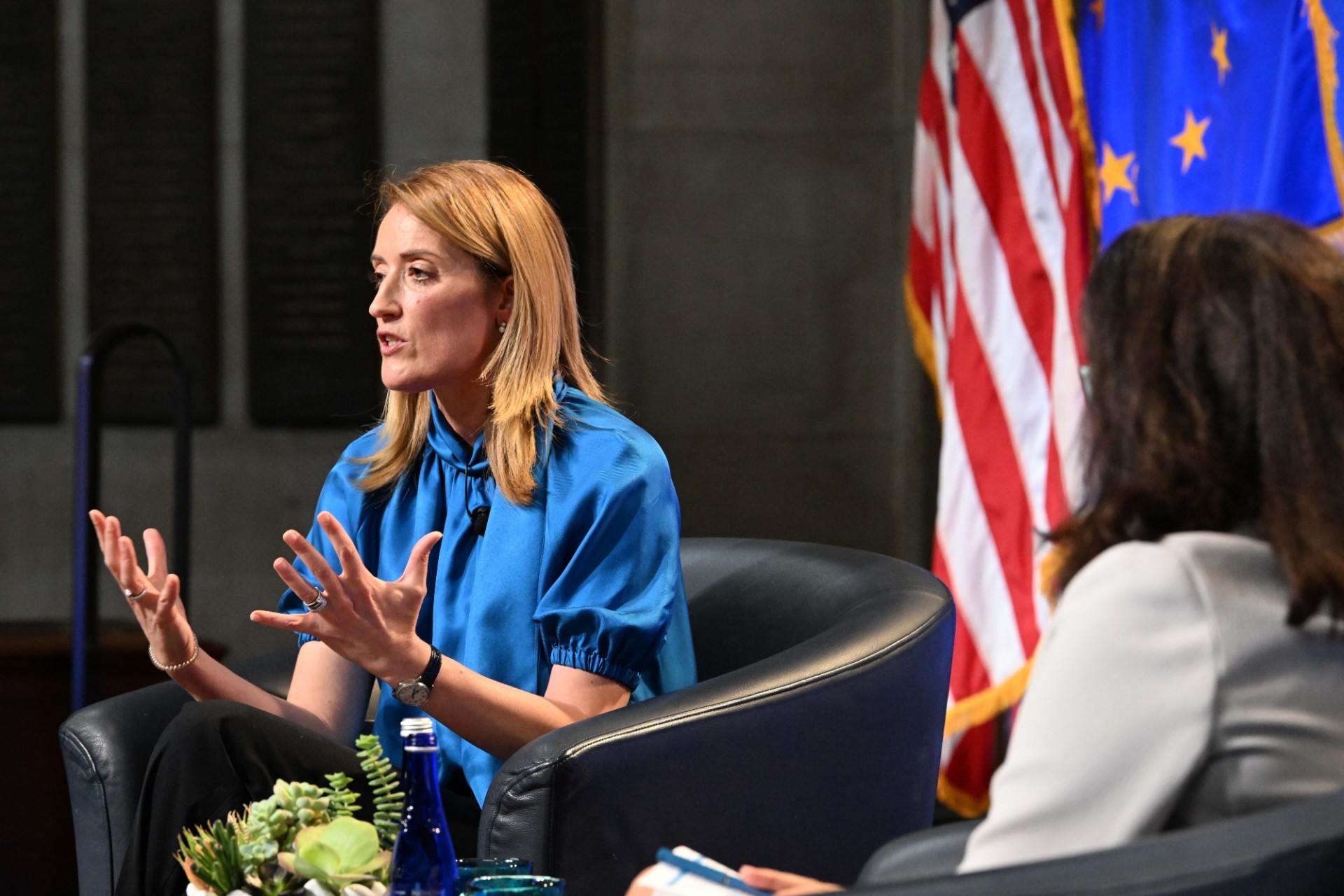 President Roberta Metsola of the European Parliament (left) and Columbia University President Minouche Shafik (right) speaking during the World Leaders Forum