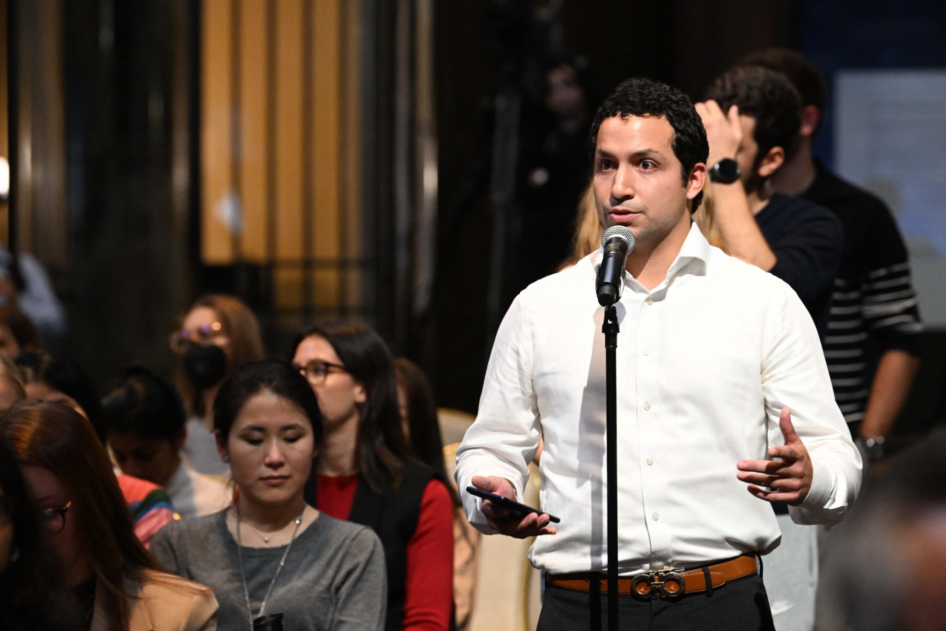 A Columbia University student asks a question during the World Leaders Forum event Q&A