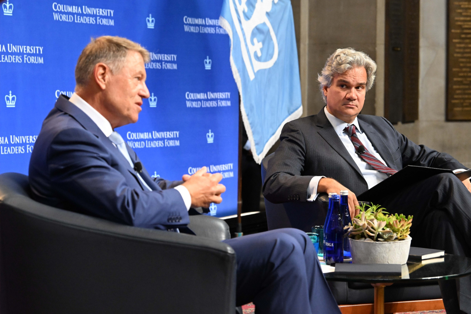 President Klaus Werner Iohannis of Romania (left) and Alexander Cooley, Vice Provost for Academic Centers and Libraries and Claire Tow Professor of Political Science, Barnard College (right) speaking during the World Leaders Forum
