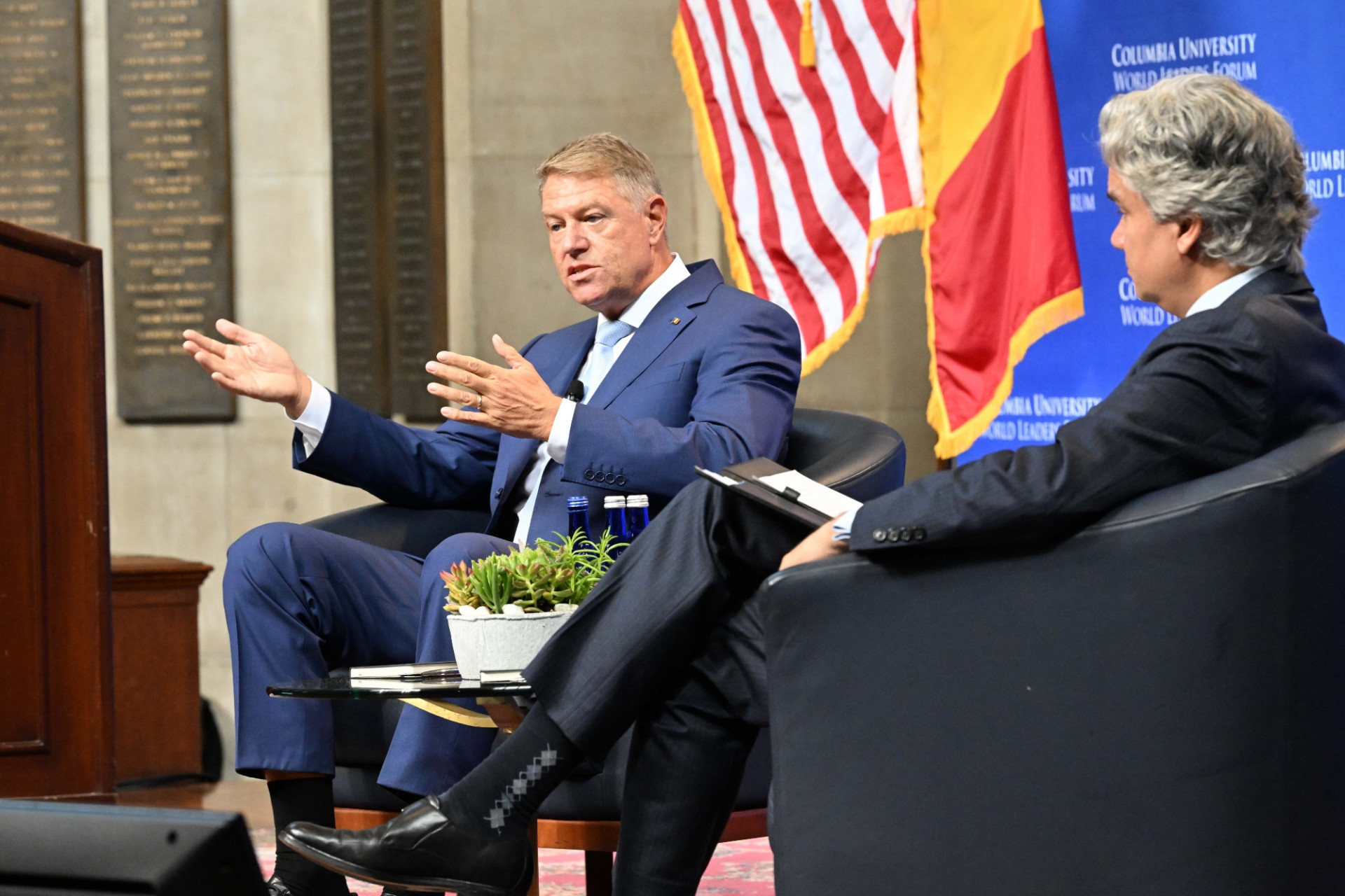 President Klaus Werner Iohannis of Romania (left) and Alexander Cooley, Vice Provost for Academic Centers and Libraries and Claire Tow Professor of Political Science, Barnard College (right) speaking during the World Leaders Forum