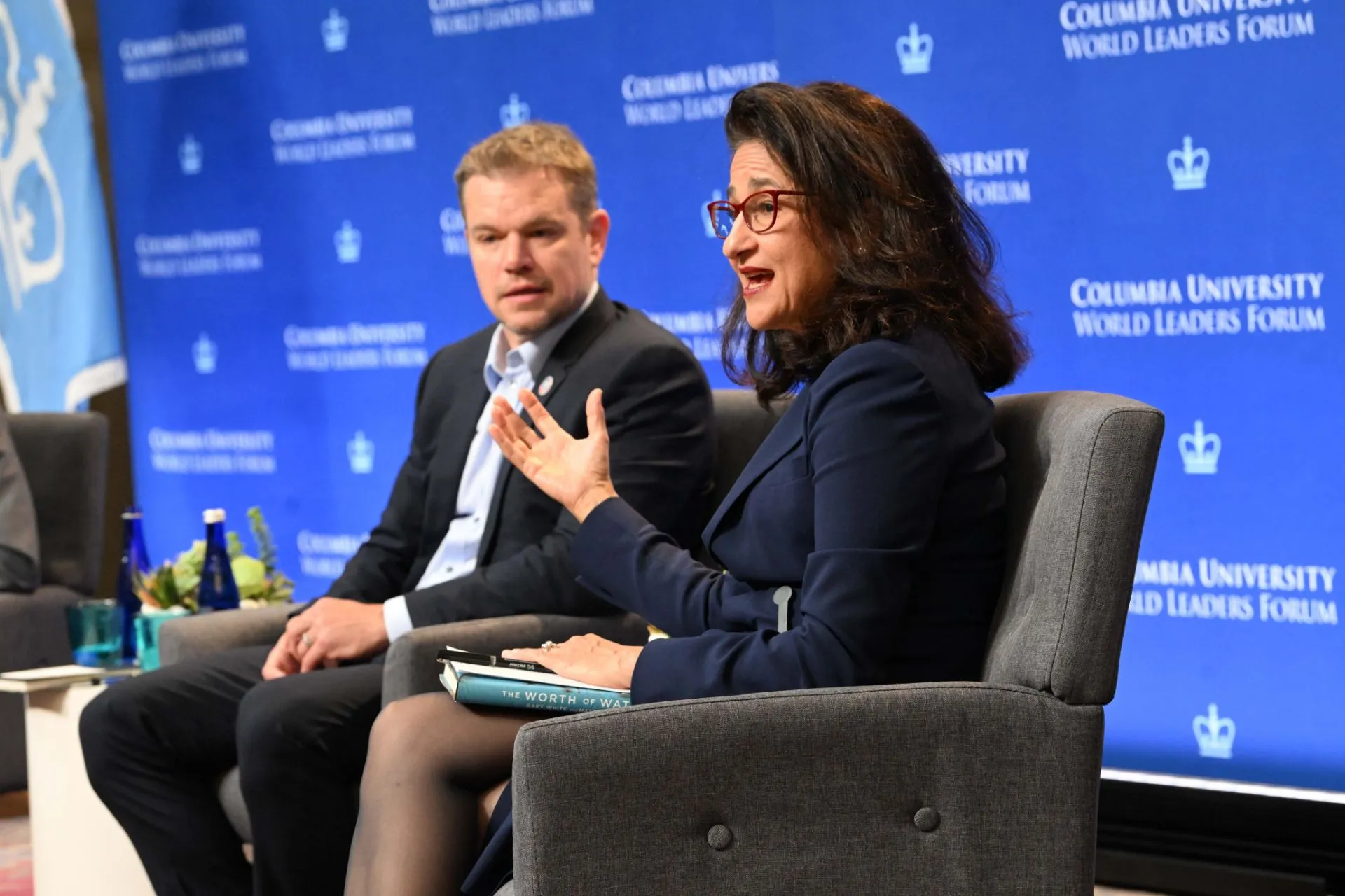Co-Founder of Water.Org Matt Damon (left) and President Minouche Shafik (right) at the World Leaders Forum