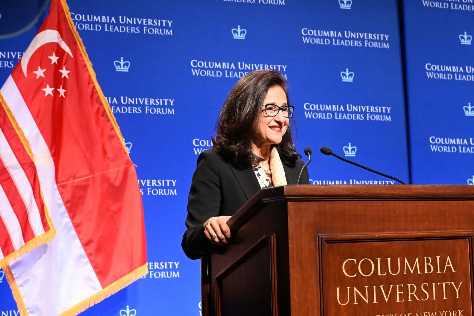 Columbia University President Minouche Shafik speaking at the podium during the World Leaders Forum