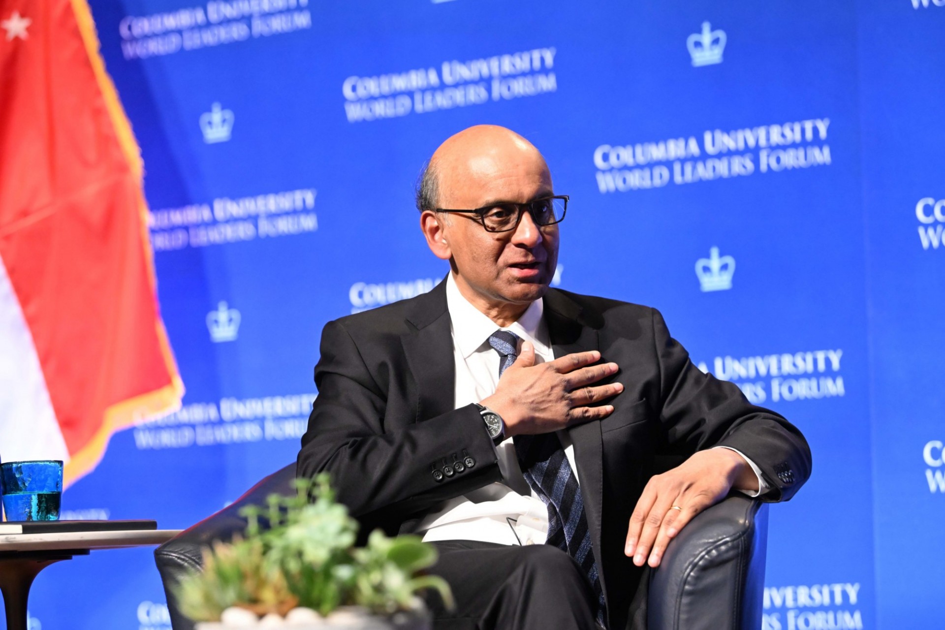 President of the Republic of Singapore Tharman Shanmugaratnam speaking during the World Leaders Forum