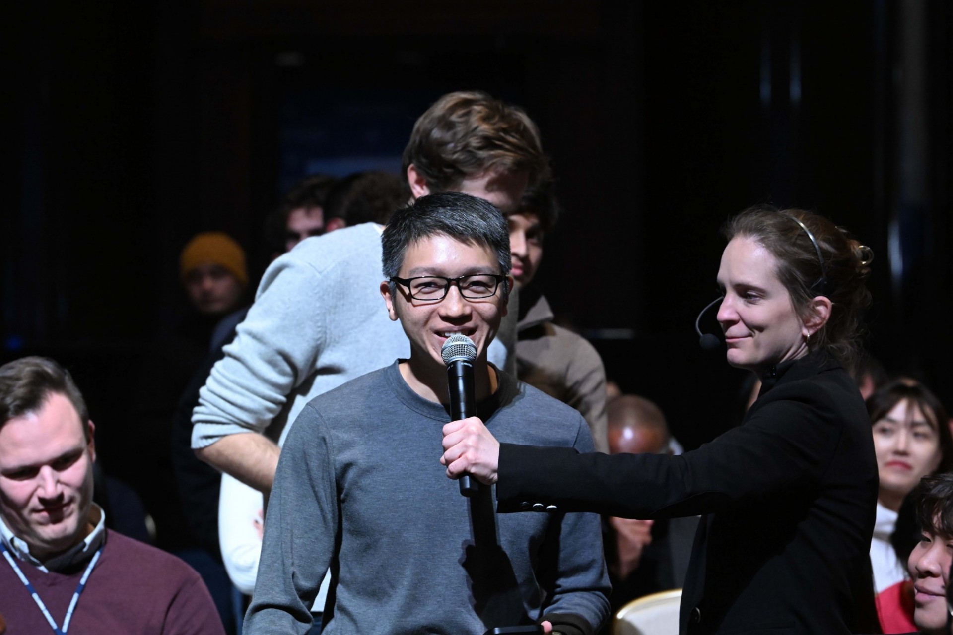 A Columbia University student asks a question during the World Leaders Forum event Q&A