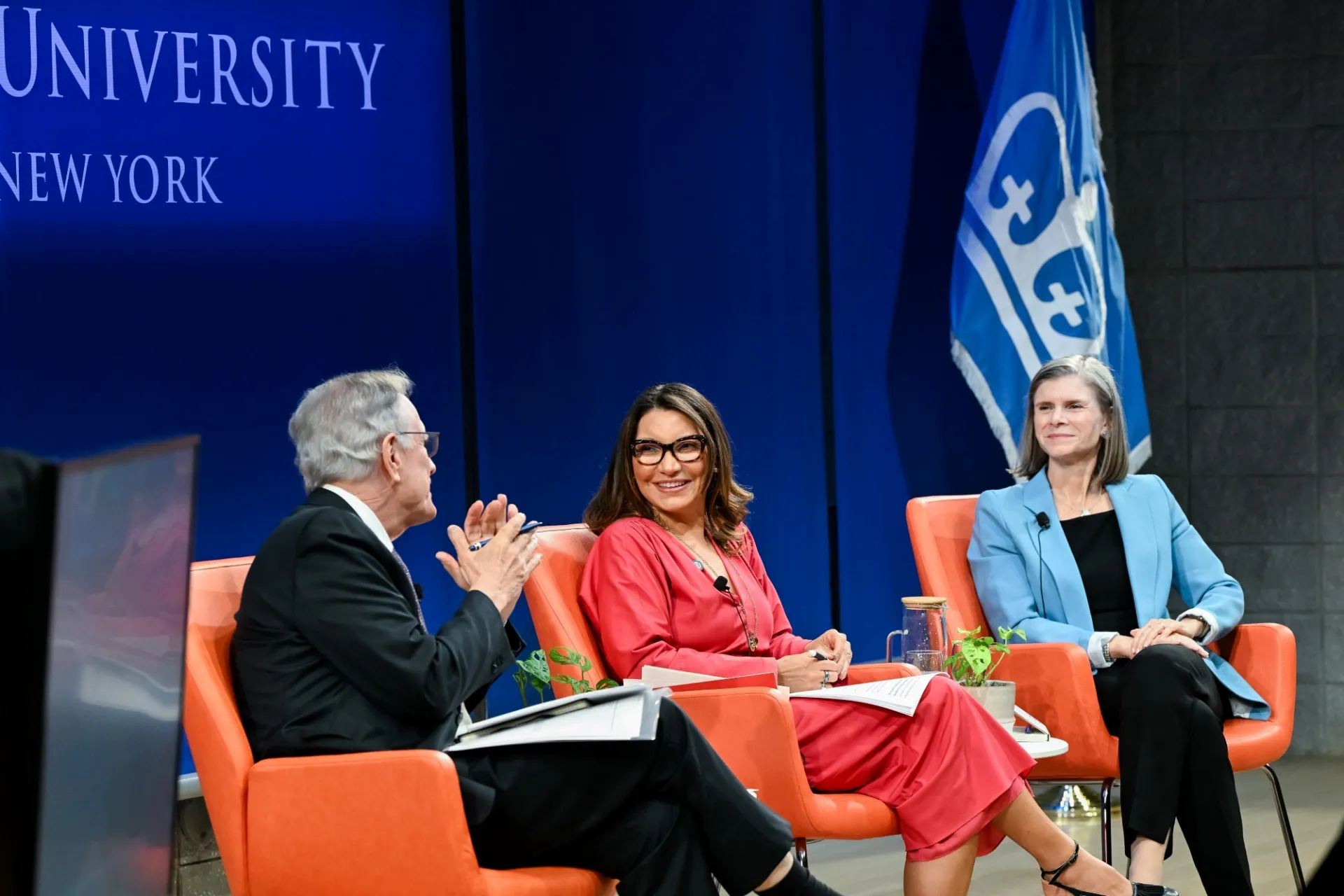 First Lady of Brazil, Provost Dr. Angela V. Olinto, and Moderator Dr. Thomas J. Trebat engaging in discussion.