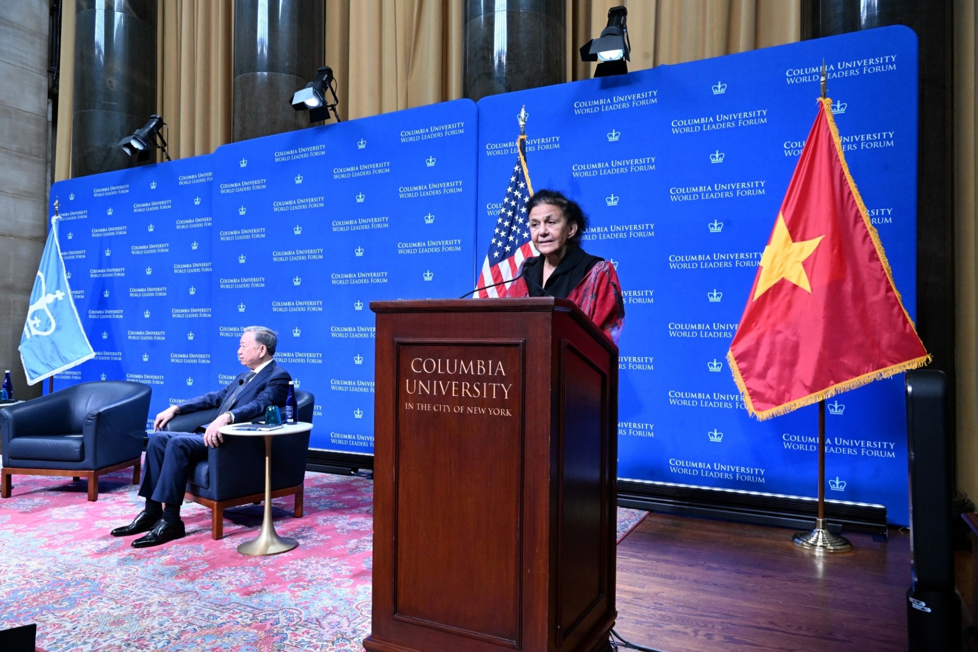 Executive Vice President Wafaa El-Sadr speaking at the podium.