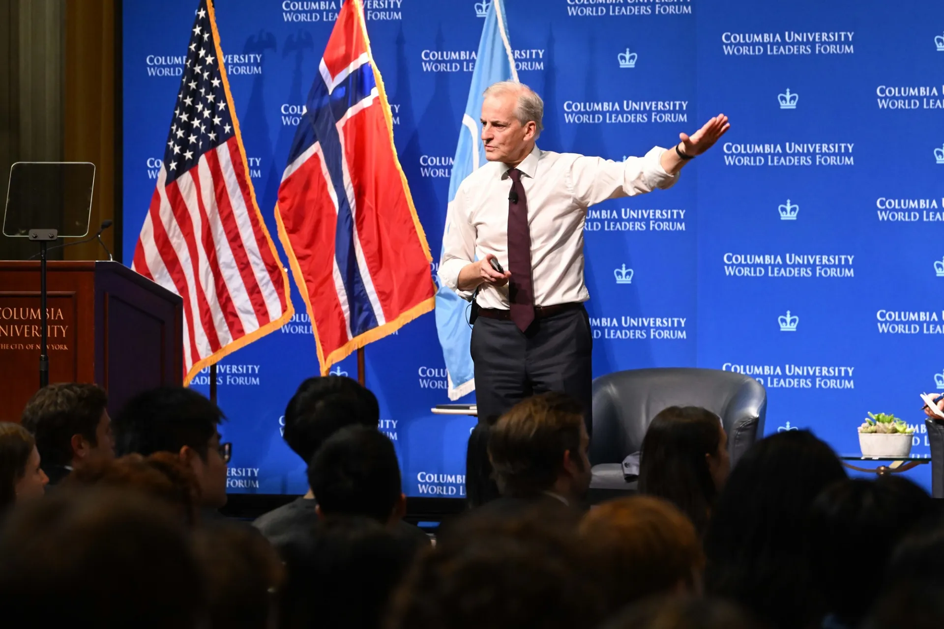 Prime Minister of Norway giving keynote presentation.