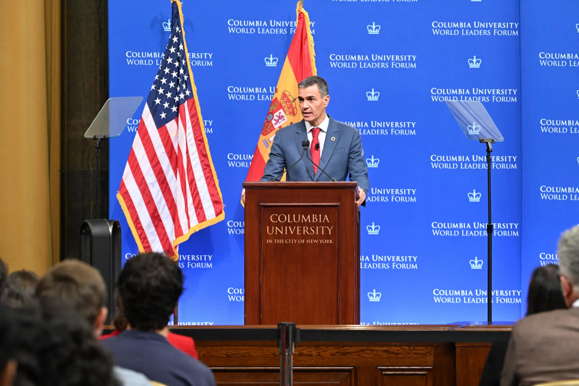 Pedro Sánchez, President of the Government of Spain, delivering his remarks at the podium