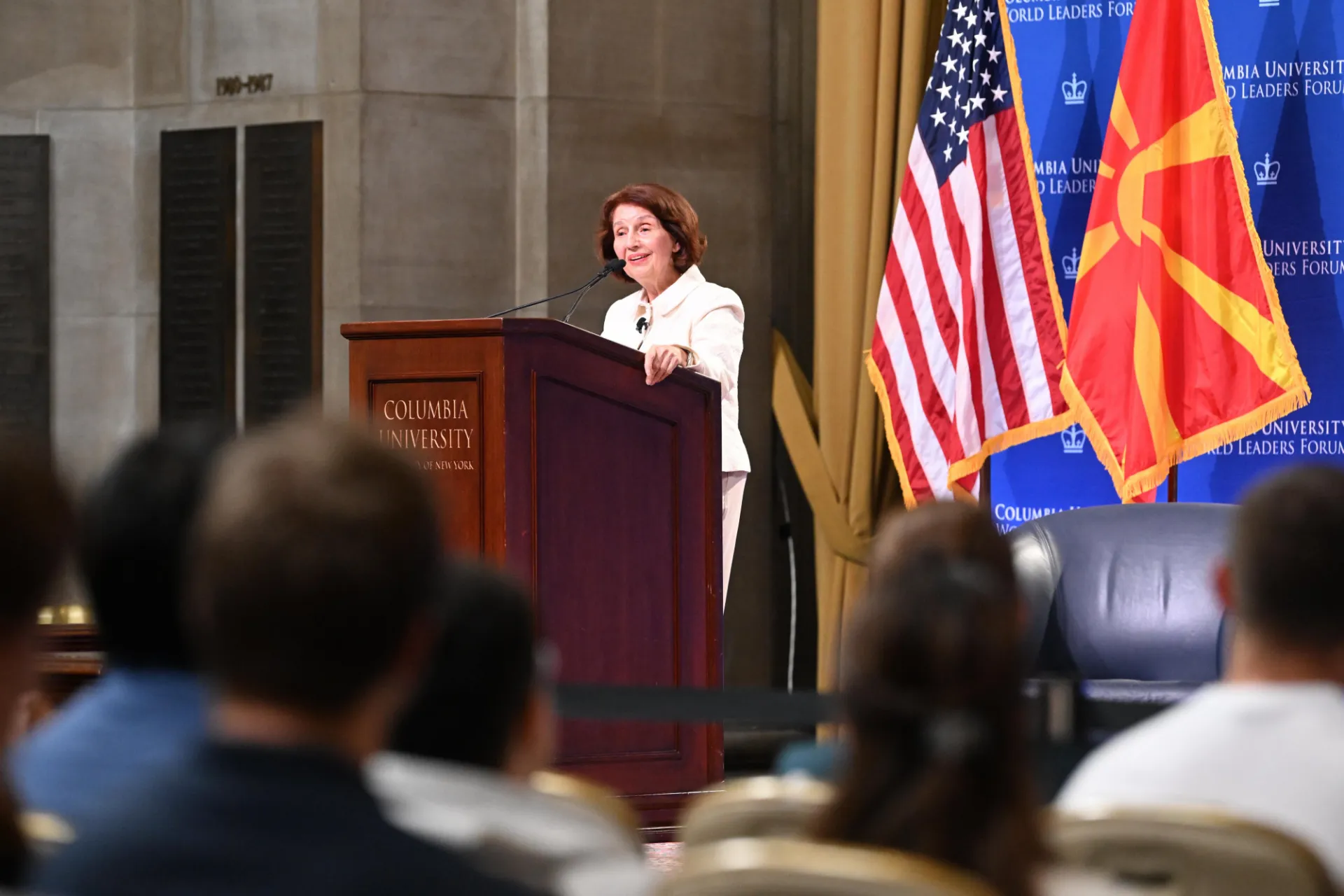 President Gordana Siljanovska-Davkova of North Macedonia delivering remarks from the podium.