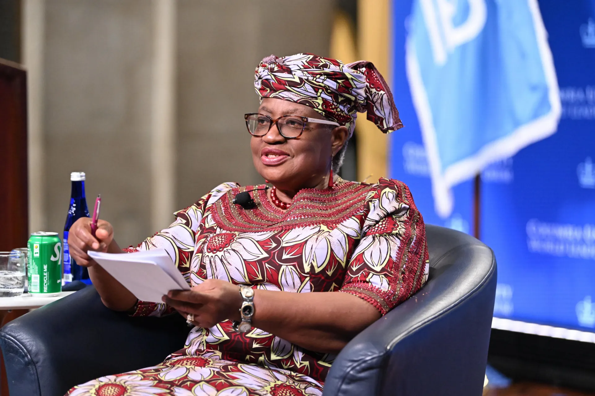 Director-General Ngozi Okonjo-Iweala sitting on stage, answering student questions.