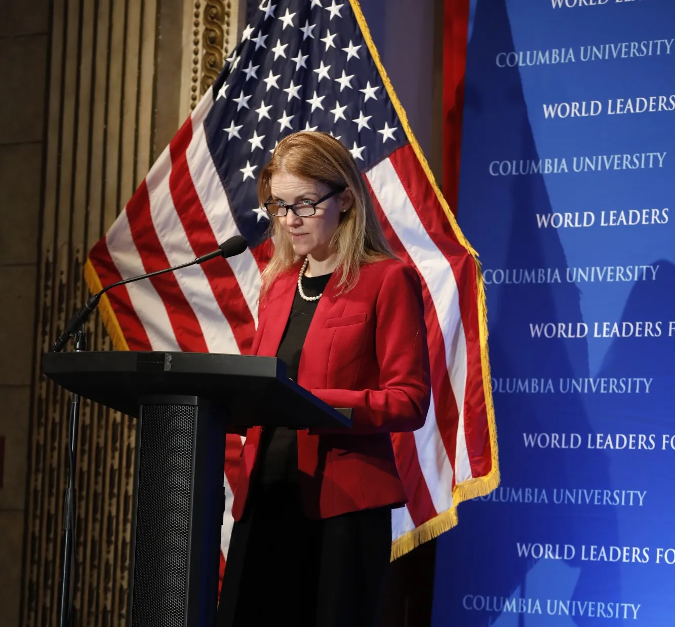 Maya Tolstoy, Interim Executive Vice President for Arts and Sciences and Interim Dean of the Faculty of Arts and Sciences; Professor of Earth and Environmental Sciences begins the World Leaders Forum with an introduction of Ashis Nandy.