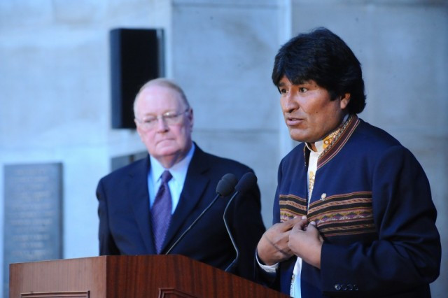 President Morales responds to questions from audience members during the question and answer period moderated by Dean Coatsworth (rear).