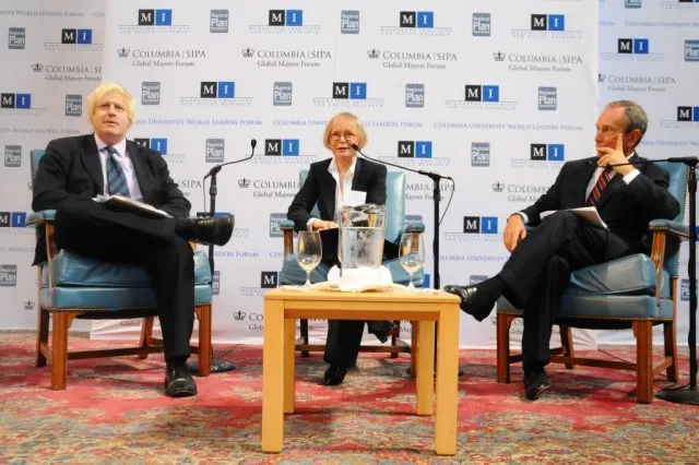 Julia Vitullo-Martin moderates a discussion between Mayors Johnson and Bloomberg.