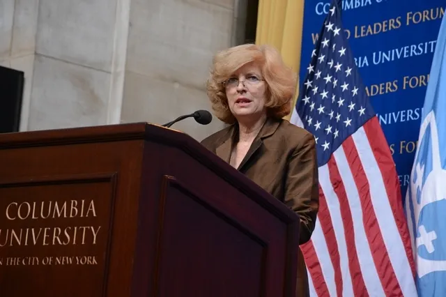 Merit Janow, Dean, School of International and Public Affairs, welcomes His Excellency Enrico Letta, Prime Minister of Italy, to the World Leaders Forum on September 26, 2013.