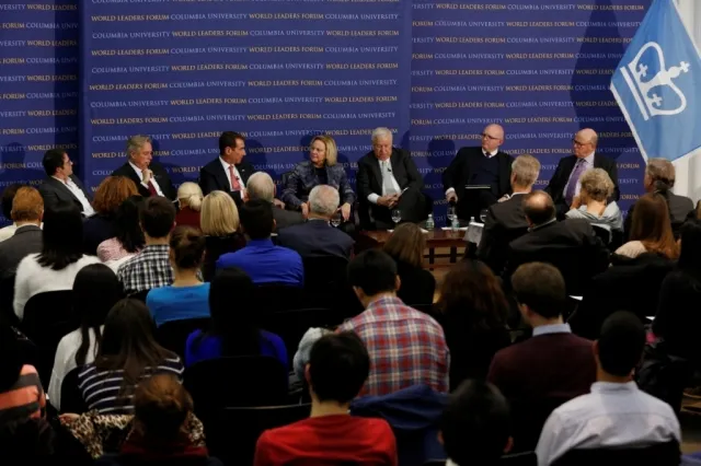 Program panelists (from left to right), Co-moderator Taylor Owen, David H. Thorne, Alan Solomont, Laurie S. Fulton, Louis B. Susman, Philip T. Reeker and Co-Moderator Frank G. Wisner, discuss challenges in U.S. foreign policy.