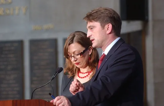 President Željko Komšić on stage with his interpreter.
